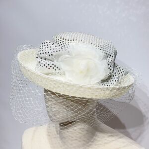 VTG Whittall & Shon USA White Straw Hat with Flower Silver Sparkle Sequins Vail